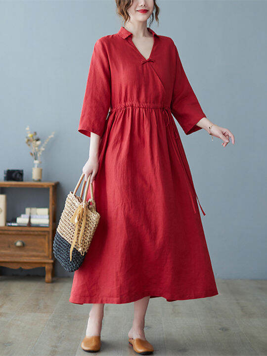 new-arrival-cotton-linen-half-sleeve-fashion-women-casual-midi-spring-summer-dress-draw-string-office-lady-work-dress