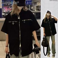 MAYCHEER   เสื้อแจ็คเก็ตซิปโลหะแนววินเทจสำหรับผู้ชายเสื้อฤดูร้อนเสื้ออเนกประสงค์ทรงหลวม