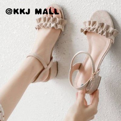 KKJ MALL รองเท้าแตะผู้หญิง 2021 ใหม่แฟชั่นส้นกลางส้นหนารองเท้าแตะหนังนิ่มผู้หญิง