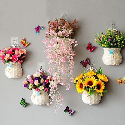 [AYIQ Flower Shop] แจกันพลาสติกพร้อมตะกร้าดอกไม้ผ้าไหมภาชนะสำหรับดอกไม้และพืชครอบครัวสวนตกแต่งผนังชุดดอกไม้ DIY