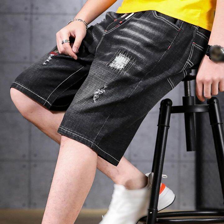 mens-casual-ripped-denim-shorts-drawstring-elastic-waist-short-jeans-moto-distressed-jean-short-with-hole-black-xx-large