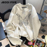 JECCIFIVE100 เสื้อสเวตเตอร์พิมพ์ลายผีเสื้อผ้าฝ้ายแท้สไตล์อเมริกันสำหรับผู้ชายและผู้หญิง 2023 รุ่นใหม่ oversize เสื้อแฟชั่น