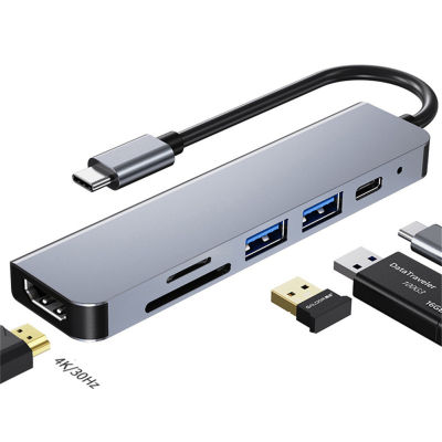 ตัวแปลงแบบหลายพอร์ตฮับ USB 6-In-1 RJ45ตัวอ่านบัตร TF SD/PD ชาร์จเร็วใช้ได้กับ MacBook และแล็ปท็อป