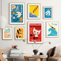 Retro Exhibition Peace Pigeon Cat Surf Andy Warhol Pop Wall Art ภาพวาดผ้าใบพิมพ์ภาพสำหรับตกแต่งห้องนั่งเล่น