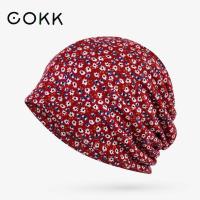 COKK Spring Summer Hat Women Turban Thin Beanie Flower Print Headdress Bonnet Femme Vintage Gorro Headwear Baggy Cap New Red