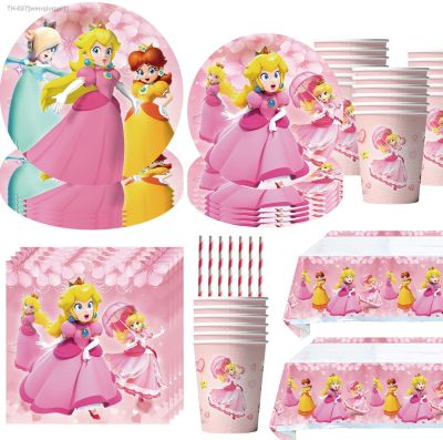 ⊙◈❖ Cartoon Peach Princess Kid Birthday Party Supplies Tableware Paper Cup Plate Napkins Baby Shower Foil Balloon Peach Party Decor