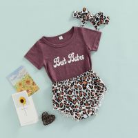 Newborn Infant Girl Short Sleeve Tops + Shorts + Hairband Letter Leopard Print Clothing 3Pcs Outfit 0-24M  by Hs2023