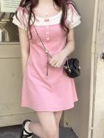 【HOT】✼ HOUZHOU Kawaii Pink Fake Two-piece Patchwork Dresses Short Sleeve Korean Fashion Sundress