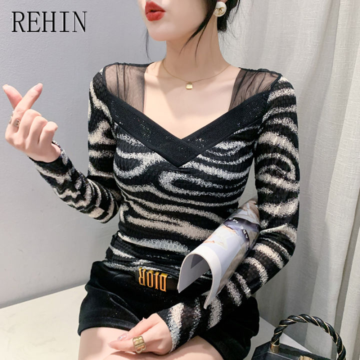 rehin-เสื้อมาใหม่ล่าสุด2023ฤดูใบไม้ร่วงเพชรแฟชั่นผ้าตาข่ายกระดุมแขนยาวสลิมฟิตเสื้อเชิ้ตสีพื้นพิมพ์ตัวอักษร