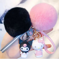 Hello Sanrio Kuromi Penguin Frog Dog Cat Cute Keychains with Fluffy Rabbit Fur Ball Women Girl Bag Pendant Keyring Gifts