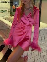 Women Rose Red Satin Feather Decoration Lace-up Mini Dress Female Spring Fashion Chic High Street Pleated Irregular Hem Dress