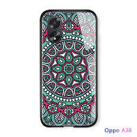 เคสใส่โทรศัพท์ OPPO A18 A38แฟชั่นสไตล์โบฮีเมียนโบโฮดีไซน์พรมอินเดียลายนกยูงลายทางมันวาวกระจกเทมเปอร์ด้านหลังเคสโทรศัพท์