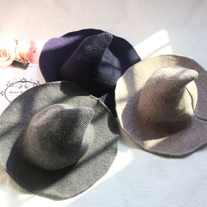 lijing-halloweens-หมวกพ่อมดมีปีกแหลมหมวกขนสัตว์หมวกถักขนสัตว์หมวกแม่มดผู้หญิงหมวกตลก