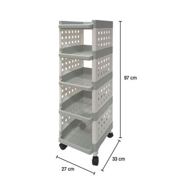 ชั้นวางของพลาสติกอเนกประสงค์พร้อมล้อเลื่อน 5 ชั้น ขนาด 33x27x97 ซม. สีเทา