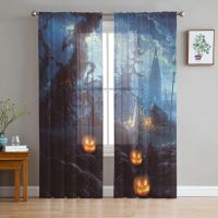 Halloween Scary Pumpkin And Old Castle Tulle Window Curtains Living Room Organza Sheer Voile Curtain Bedroom Kitchen Home Decor