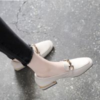 ❈∈卍 Soft Leather Loafers Womens Slip-on 2023 Spring Versatile Square Toe Thick Heel Single Shoes Shallow Mouth Flat Bottom British Small Leather Shoes