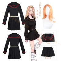 Yuzuha Shiba Cosplay Costume Anime Tokyo Revengers Girl Dress Black Sailor Suit Skirt Set Long Orange Ginger Wig Party Role Play Nails Screws Fastener