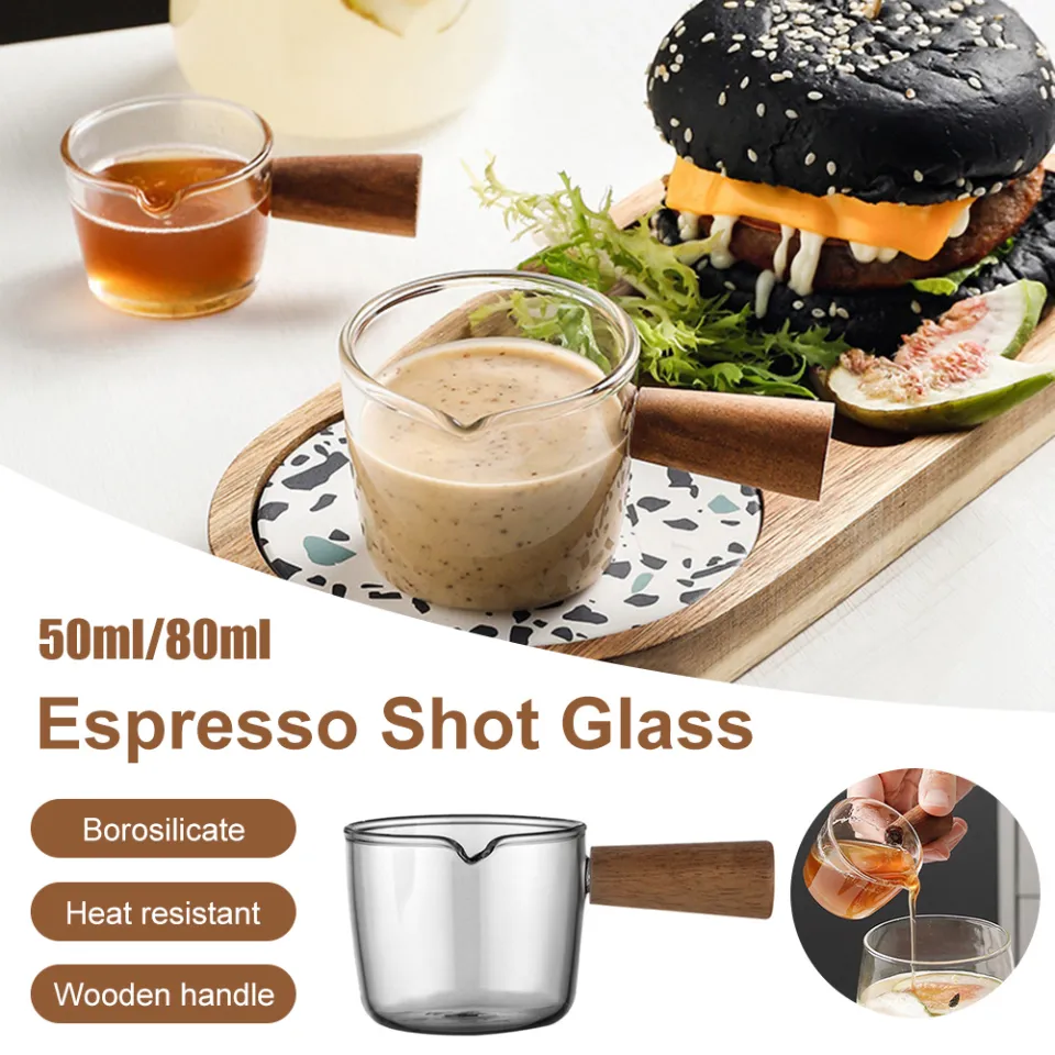 Tanlade Single Spout Espresso Shot Glass 75ML with Wood Handle Espresso  Glass Carafe Shot Glass Measuring Cup Mini Milk Glass Cup with Handle for  Milk
