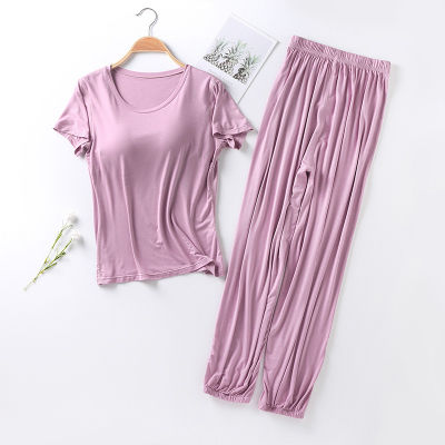 4XL Plus Size Summer Womens Padded Homewear Modal Home Clothes Lounge Wear Female Fall Modal Pajamas with Pants Home Suit