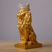 Silver Small 7.1 In Modern Resin Animal Statue Golden Crown Black Lion Figurine For Home Decoration Accessories For Living Room Desk Home Decor