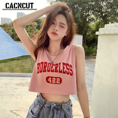 เสื้อกล้ามเสื้อกั๊กสตรี CACNCUT แขนกุดเสื้อยืดพิมพ์ลายตัวอักษรสไตล์เกาหลี