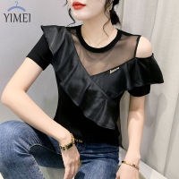 YIMEI เสื้อยืดแขนสั้นเปิดไหล่เซ็กซี่ใหม่ฤดูร้อน2023คอกลมเข้ารูปเสื้อสีดำเข้ารูปดีไซน์แฟชั่นของผู้หญิงความรู้สึกสวยงามกวางโจวผู้หญิง T-Shir