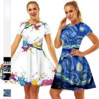 Gaun Berlipat Lengan Pendek Wanita Galaxy Sky Van Gogh Gaun Kasual Leher O Cetakan S-XL เปียโน6ชุด