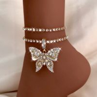 Iced Out Crystal Rhinestones Butterfly Pendants Anklet Chain For Women Multi-layer Big Rhinestones Tennis Chain Ankle Jewelry Headbands