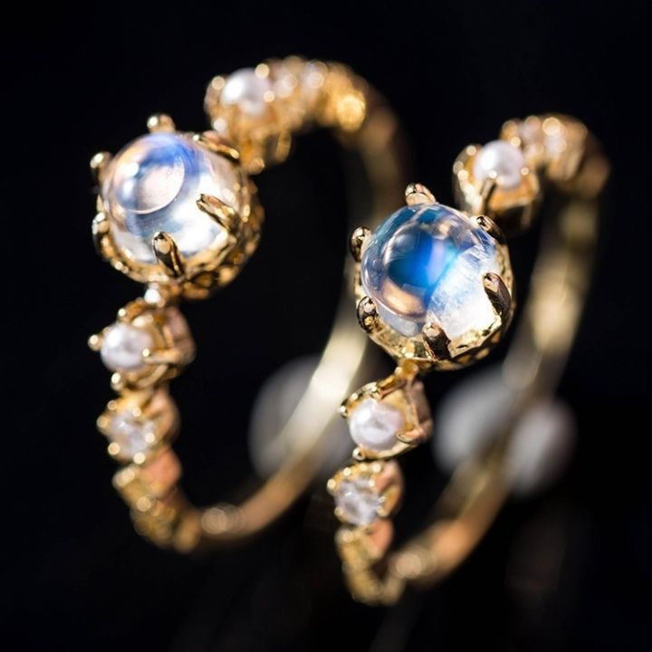 wish-แหวนหินแสงจันทร์สีขาวสำหรับผู้หญิงเครื่องประดับเงินตัวตลกแบบหดได้แหวนไข่มุกขายส่ง
