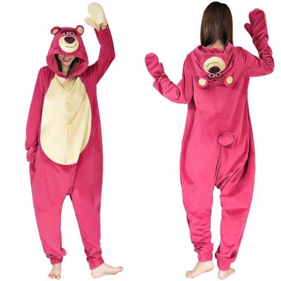 [Cos imitation] Lotso สตรอเบอร์รี่หมีคอสเพลย์ Onesies ชุดนอนผู้ชายผู้หญิงชุดนอนชุดนอนคริสต์มาสฮาโลวีนเครื่องแต่งกาย