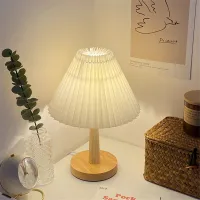 Usb Vintage Pleated Lamp Dimmable Korean Table Light with Led Bead White Warm Yellow for Bedroom Living Room Home Lighting Decor