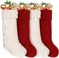 4pcs 18" Large Christmas Stockings Double-Sided Cable Knitted Xmas Stockings Burgundy for Family Holiday Christmas Party Decor Socks Tights