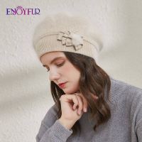 ENJOYFUR Cashmere Beret Hat Female Rabbit Knitted Winter Hats Caps Lady Middle-Aged Cap Fashion Bow-Knot Ball Gorro Warm Hat