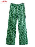 Tangada Fashion Women Green Print Suit Pants Trousers Vintage Style Pockets Buttons Office Lady Pants Pantalon 8Y182