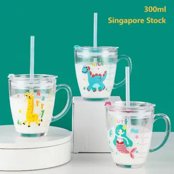 Printed Milk Cups for Kids Glass with Straw and Lid Spill Proof Coffee Mug Kids  Cup