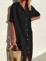 【YF】 Women Cotton Linen Dress Casual Lapel Short Sleeve Loose Button Up Shirt Oversized Black Maxi Long Dresses Tunicas