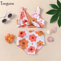 ℡ Tregren Reversible Style Swimsuit Infant Baby Girls Summer Swimwear Flower Heart Print Knotted Vest High Waist Shorts Bikini