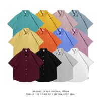 Simple solid color loose short-sleeved shirt mens fashion brand Japanese five-quarter sleeve couple casual all-match shirt 【BYUE】