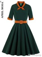 【LZ】◎  Vestido midi verde escuro feminino anos 50 túnica anos 60 robe vintage retrô vestidos rockabilly casual de escritório jurken curto verão e primavera