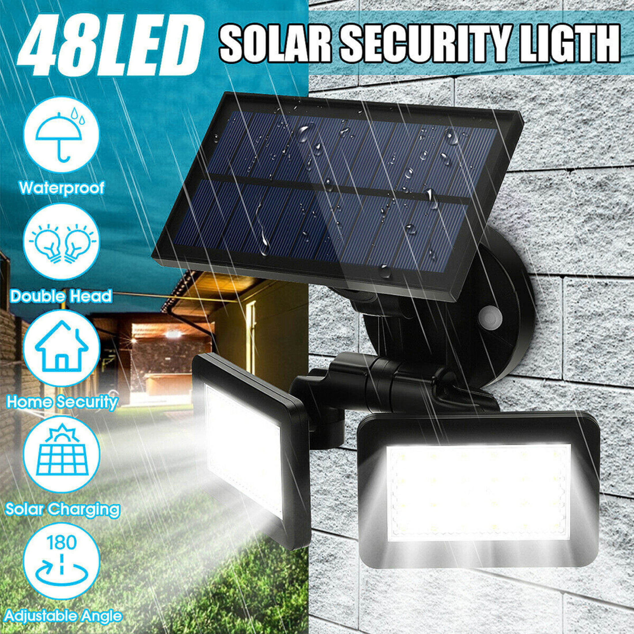 Waterproof Dual Head 48LED Solar Power Light Radar Sensor Outdoor Yard Wall Lamp 