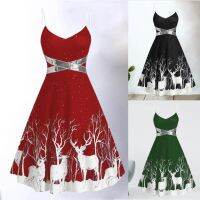 ◄ 【dg】Dress Adjustable Comfortable to Wear Elk Print Spaghetti Straps Sleeveless Dress for Christmas