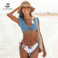 CUPSHE Bow-knot Cap Sleeve Tank Low-waist Bikini Sets Swimsuit Women Sexy Blue Floral Two Pieces Swimwear 2022 Bathing Suits