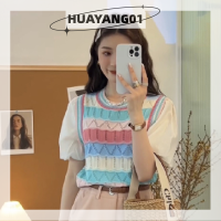 HUAYANG01 [2023 new HOT FASHION] lazlook เสื้อยืดถักลายทางย้อนยุคสำหรับผู้หญิงเสื้อคอกลมแขนสั้นปะต่อ