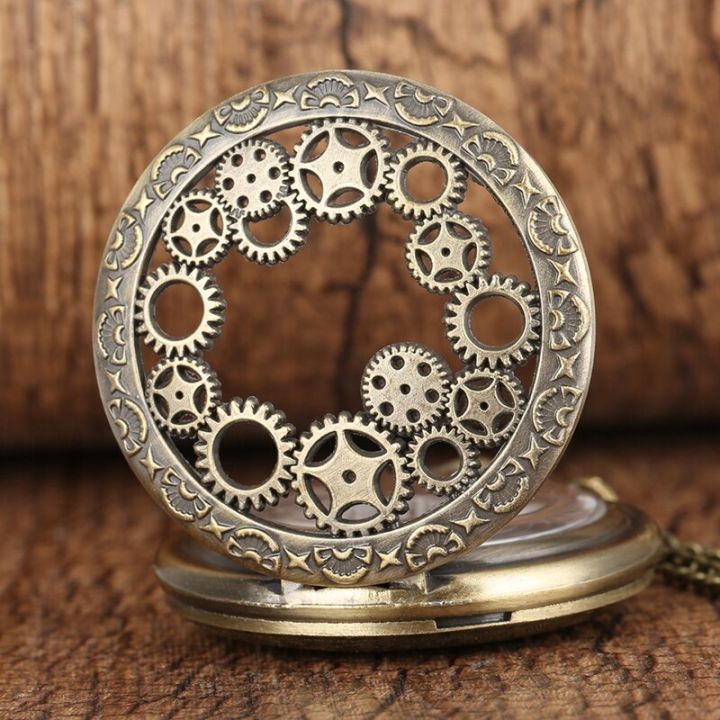 นาฬิกาควอตซ์กลวงรูปเฟืองทองแดงโบราณย้อนยุคจี้นาฬิกาพกพานาฬิกาสร้อยคอสำหรับผู้ชายผู้หญิง
