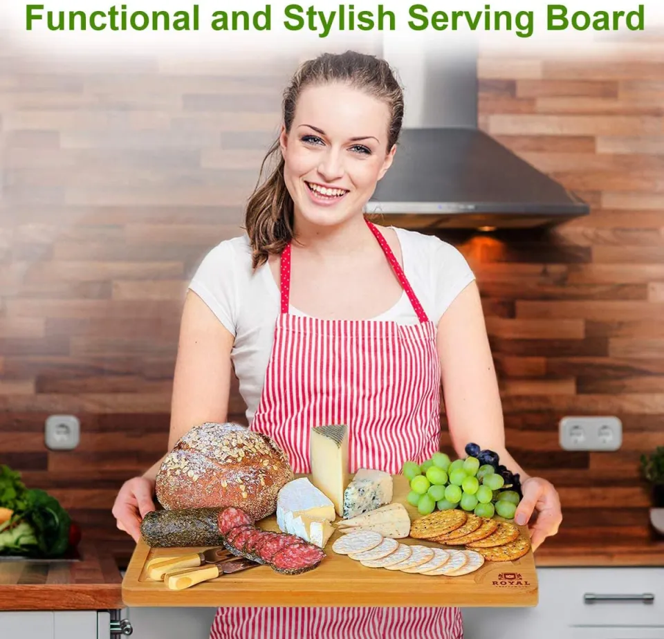 Organic Extra Large Bamboo Cutting Board with Black Aluminum Handles -  Reversible Wood Cutting Board - Bamboo Carving Board for Meat Cheese  Vegetables