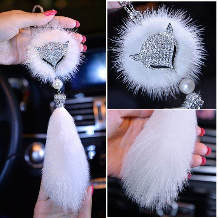 dfthrghd-car-crystal-bling-fox-plush-fur-tail-ball-pendant-animal-car-interior-decoration-rear-view-mirror-ornament-accessories-for-women