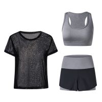 【Ready】? Mesh yoga clothes three-piece set sports 2023 womens summer sexy running sports quick-drying clothes large size fitness clothes