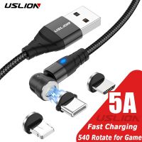 USLION 5A Kabel Pengisian Daya Cepat Magnetik 540 Kabel Kawat ไมโคร USB Tipe C Berputar Untuk 14 13 Pro Max เหมาะสำหรับ Samsung เหมาะกับ F4 Xiaomi 12 POCO