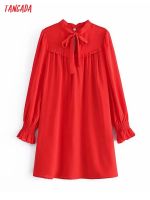 Tangada 2022 Fashion Women Red Bow Neck Shirt Dress Loose Vintage Long Sleeve Office Ladies Mini Dress 5D182