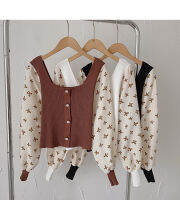 floral long-sleeved stitching knitted sweater เสื้อสเวตเตอร์ถักแขนยาวลายดอกไม้ พร้อมส่ง